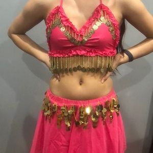 NWOT BELLY DANCER GIRL Pink Genie Belly Dance Coin Set Sexy Clubwear Top & Skirt